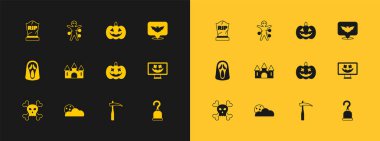 Uçan yarasa, Ay ve yıldızlar, Balkabağı, Scythe, Castle, Tombstone RIP yazılı ve Voodoo bebek ikonu. Vektör