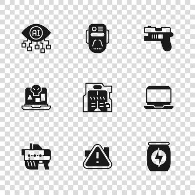 Üçgen, dizüstü bilgisayar, enerji içeceği, gelecekteki sürgülü kapılar, silah, bilgisayar görüşü, yapay zeka robotu ve İnternet korsanlığı simgesine ünlem işareti koyun. Vektör