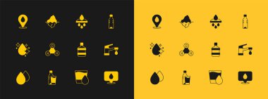 Bir şişe su, cam, büyük şişe temiz, cam, kimyasal formül H2O, su filtresi kartuş, damla konumu ve Iceberg simgesi. Vektör