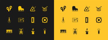 Bateri çubukları, Stereo hoparlörü, Harmonica, Elektro bas gitar, Vinil çalar vinil disk, Triangle müzik enstrümanı, Maracas ve Grand piano ikonu ile ayarla. Vektör