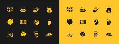 Altın paralar, yonca yaprağı, yonca, leprikon, tüttürme piposu, karnaval çelengi bayrakları ve şapka ikonu. Vektör