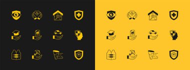 Kalkanla, Şemsiyeyle, Araba, Kasırga, Kontrat, Ev, Kalkan Gözü ve İkonla Hayat Sigortası Kurun. Vektör