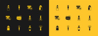 Deodorant rulosu, makyaj fırçası, bir şişe tırnak cilası, tüp el kremi, sabun, tüp içinde güneş kremi, sıvı ve krem kozmetik ikonu. Vektör