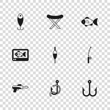 Balık oltasını ve solucanı, oltayı, oltayı, yemi, katlanır sandalyeyi ve bulucu eko ses simgesini hazırla. Vektör