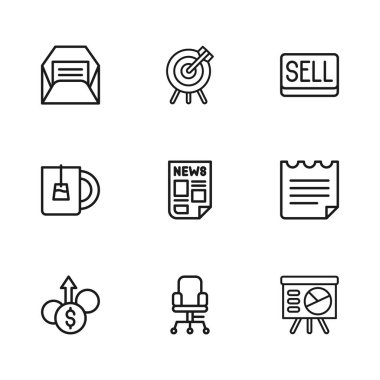 Satır ofisi koltuğu, not defteri, grafikli kurul, haber, satış düğmesi, zarf, hedef finansal hedef ve çay ikonu. Vektör