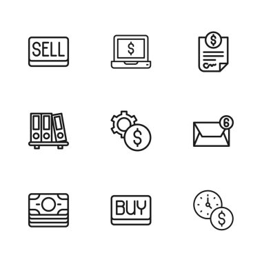 Satın alma düğmesi, e-posta, zaman para dolar sembollü Gear, sözleşme, satış, dizüstü bilgisayar ve ofis dizinleri simgesi. Vektör