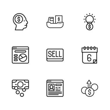 Özgeçmiş, Takvim, Finansal Büyüme Doları, Satış Düğmesi, Ampul Yanında, Zihin Planlayan İşadamı, Kargo gemisi teslimatı ve Pie grafiksel bilgi simgesi. Vektör
