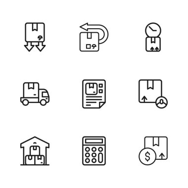 Çizgi hesap makinesi, karton kutu, Waybill, saatli mukavva, trafik sembolü, Dönüş ve Teslimat kamyoneti ikonu. Vektör