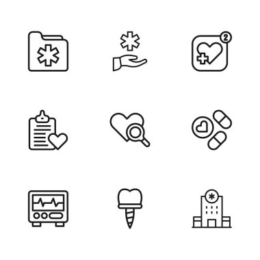 Diş implantı, ilaç hapı ya da tablet, hastane binası, kalp muayenesi, cep telefonu, sağlık dosyası, Cross hastanesi tıbbi ve hasta ikonu. Vektör