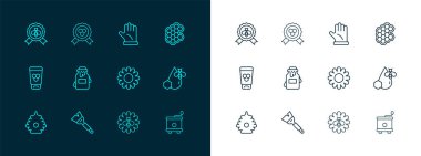 Bal peteği, arıcılık fırçası, çiçek, bal kavanozu, arıcı eldiveni, en iyi arı ve ödül ikonu. Vektör