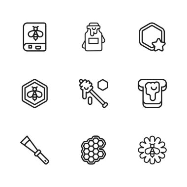 Hattı belirle Bal Tarağı, Bal Arı Çiçeği, Dipper Çubuğu, Arı, Kavanoz ve Bal Tarağı ikonu. Vektör