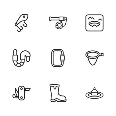 Olta ipi, ağ, su, karabina, kış balıkçılığı, yem, olta ve solucan ikonu. Vektör