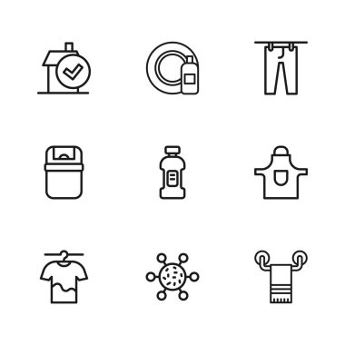 Bakteriler, mutfak önlüğü, havlu askısı, deterjan şişesi, kurutma giysileri, ev temizleme servisi, bulaşık şişesi, tabak ve çöp kutusu ikonu. Vektör