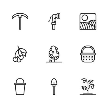 Kürek, Wicker sepeti, filiz, meyve ağacı, tarım buğday tarlası çiftliği, kazma, bahçe hortumu ve taze dut ikonu. Vektör