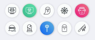 Trident şeytan, Frankenstein surat, Boo konuşma balonu, Hayalet, Örümcek ağı, kanlı bıçak ve RIP yazılı Tombstone. Vektör