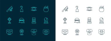 Cadılar Bayramı cadı kazanı, Kurukafa, iksirli şişe, tişört kafatası, Boo konuşma balonu, vampir dişleri, kanlı bıçak ve korsan kancası ikonu. Vektör