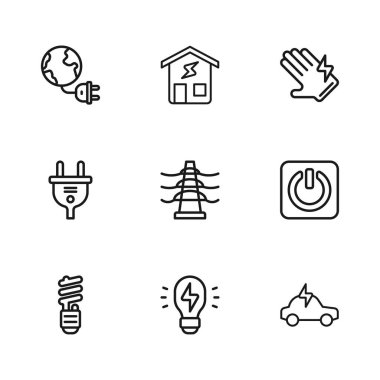 Hat oluşturucu lamba ışığı fikri, elektrik düğmesi, elektrikli araba, kule hattı, eldiven, fişi olan küresel enerji gezegeni, akıllı ev ve simgesi. Vektör