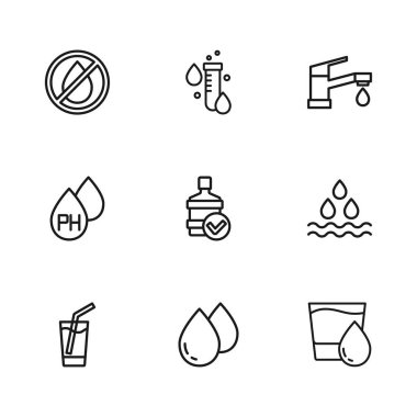 Hattı kurun. Su damlası, su bardağı, büyük şişe temiz, musluk, yasak, test tüpü ve ikon. Vektör