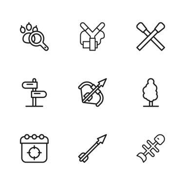 Ortaçağ oku, Ağaç, Ölü balık, yay ve yanan kibritle ateş, Paw araması, Sapan ve Yol trafik işareti simgesini ayarla. Vektör