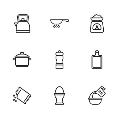 Kürsüye tavuk yumurtası, kesme tahtası, ölçü kabı, biber, terazi, saplı su ısıtıcısı, kızartma tavası ve tencere ikonu koyun. Vektör