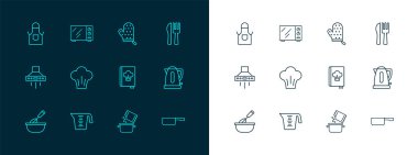 Hatlar kesişmiş bıçak ve çatal, ölçü kabı, yemek kitabı, baharat pişirme kabı, şef şapkası, fırın eldiveni, mutfak önlüğü ve mikrodalga fırın ikonu. Vektör