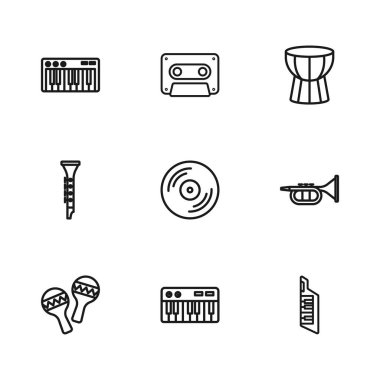 Set hattı: Müzik sentezleyicisi, Trompet, Keytar, Vinil disk, Afrika darbuka davulu, Retro ses kaseti ve klarnet simgesi. Vektör