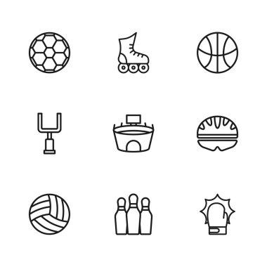 Çizgili bovling broşu, bisiklet kaskı, boks eldivenleri, stadyum, basketbol, futbol, paten ve Amerikan gol direği ikonu. Vektör