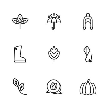 Sabit hat, Yaprak, Uçurtma, Balkabağı, Kış şapkası, Şemsiye ve yağmur damlaları ve su geçirmez lastik bot ikonu. Vektör