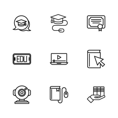 Fare, Online, Kitap bağışı, oyun videosu, sertifika şablonu, mezuniyet konuşma balonu ve eğitim ikonu ile Elektronik kitabı ayarla. Vektör