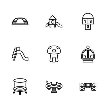 Set hattı Swing Car, Cazibe Atlıkarınca, Çocuk Köprüsü, Mantar Evi, Hopscotch, Monkey Bar, Kayak Bahçesi ve İkona. Vektör