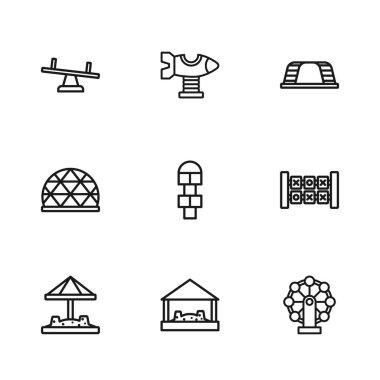 Hat Sandbox ile kum, eğitim mantığı oyunu, dönme dolap, seksek, maymun barı, tahterevalli, salıncak uçağı ve oyun alanı tırmanma ikonu. Vektör