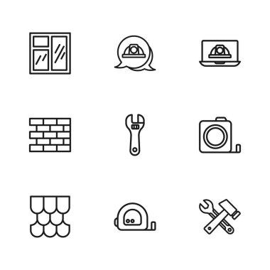 Hat Rulet inşaatı, Hammer ve İngiliz anahtarı, Ayarlanabilir, İşçi kaskı, Odada Pencere ve Bricks simgesi. Vektör