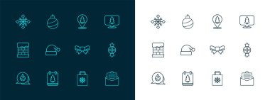 Sabit bir Noel ağacı, gündüz takvimi, hediye yayı, alışveriş çantası, Noel Baba şapkası, kar tanesi ve top ikonu. Vektör