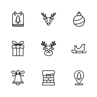 Çizgi çizgisi, Noel Baba kızağı, ağaç, ren geyiği, top, gündüz takvimi ve hediye kutusu ikonu. Vektör