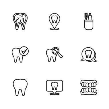 Dişçi muayenehanesi yeri, diş ipi, takma diş modeli, kırık diş fırçası, diş macunu ve ikon. Vektör