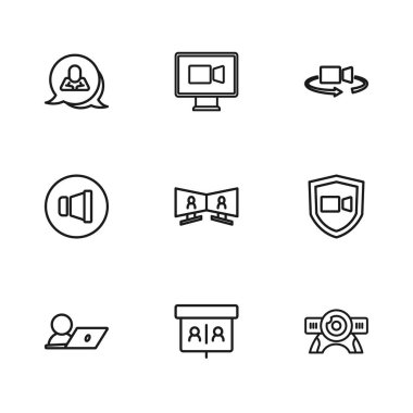 Hat görüntülü sohbet konferansı, web kamerası, 360 derecelik görüş, konuşma balonu ve hoparlör ses simgesi ayarla. Vektör