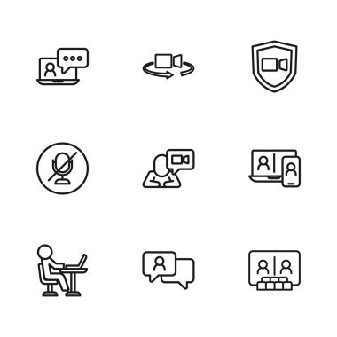 Konuşma balonu sohbetini, video konferansını, 360 derecelik görüntüyü ve dilsiz mikrofon simgesini ayarla. Vektör
