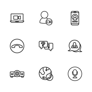 Hat görüntülü sohbet konferansı, konuşma balonu, mikrofon, soru cevap ve telefon ahizesi simgesi ayarla. Vektör