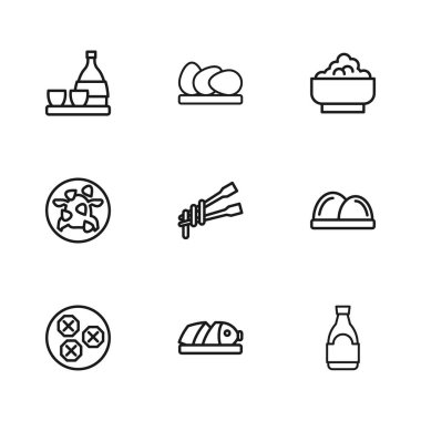 Dilimlenmiş balık, suşi, soya sosu şişesi, erişteli yemek çubuğu, kasede pirinç, bir şişe sake, tavuk yumurtası ve Kung Pao tavuk ikonu. Vektör