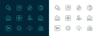 Hat safhaları, güneş enerjisi paneli, horoz rüzgar gülü, bulut ve şimşek, kar tanesi, pusula, güneş ve su damlası ikonu. Vektör