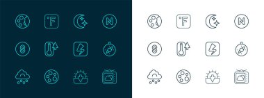 Pusulayı kuzeye, aya, şimşeklere, günbatımına, termometreye, yıldızlara, fazlara ve Fahrenheit simgesine ayarla. Vektör