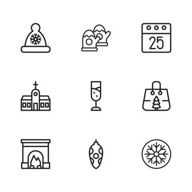 Sabit bir Noel oyuncağı, alışveriş çantası, kar tanesi, bir bardak şampanya, takvim, Noel Baba şapkası, eldivenler ve kilise ikonu. Vektör