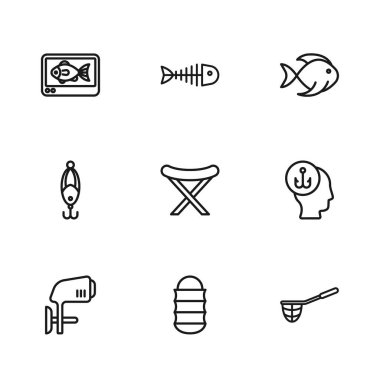 Balıkçı ağı, balıkçı ağı, kamp sandalyesi, bulucu eko ses cihazı, iskelet ve yem ikonu. Vektör