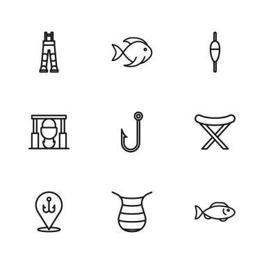 Halat örgü, kamp sandalyesi, kanca, şamandıra balıkçı pantolonu, kamp ateşi ve çömlek ikonu. Vektör
