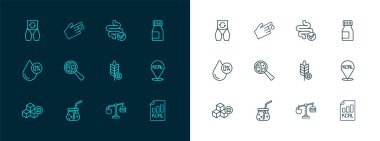 Vitaminler, taze meyve suyu, glütensiz tahıl, kalori hesap makinesi, GDO, bağırsak, metabolizma ve parmak kanı ikonu. Vektör