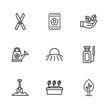 Ota bitki, su için bahçe spreyi, ağaç, gündoğumu, yaprak el, bahçe makası, tohum dolu bir paket ve su kutusu ikonu. Vektör
