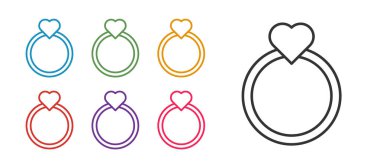 Beyaz arkaplanda Diamond nişan yüzüğü simgesi belirlendi. Simgeleri renklendirin. Vektör