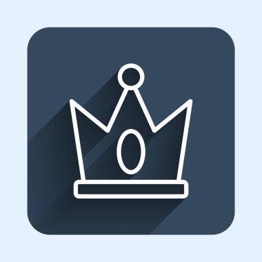 Beyaz çizgi Kral taç ikonu uzun gölge arkaplan izole. Mavi kare düğme. Vektör