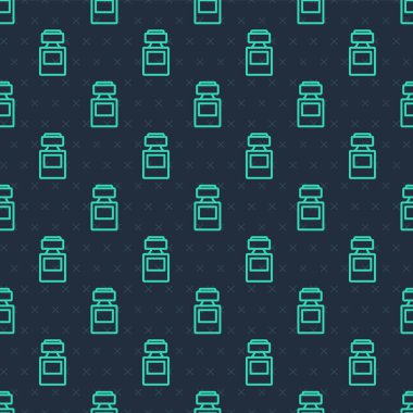 Yeşil çizgi parfüm ikonu mavi arka planda kusursuz desen izole etti. Vektör