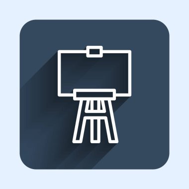 Beyaz çizgi ahşap sehpa ya da uzun gölge arkaplan izole resim tahtası simgesi. Mavi kare düğme. Vektör